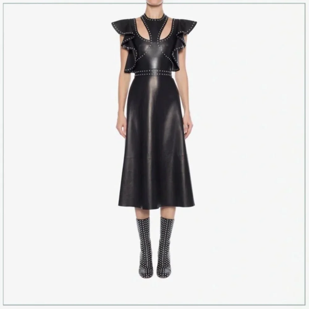 $8990 Alexander McQueen Studded Trim Lamb Leather Ruffle Runway Midi Dress - Picture 11 of 11